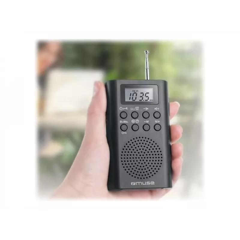 Radio portátil Muse M-03 R con sintonización FM-PLL, pantalla LCD, antena externa, negra