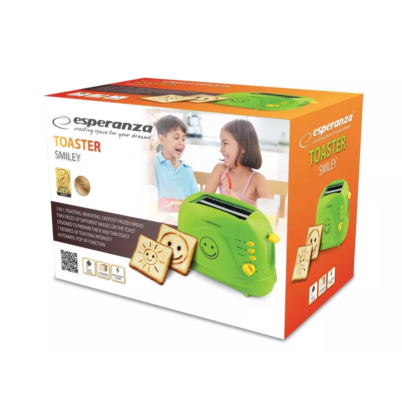 Tostadora eléctrica de mesa ESPERANZA EKT003, 2 rebanadas, 750 W, 7 niveles de tostado, función de descongelación, bandeja recogemigas extraíble, verde