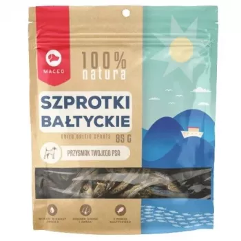 Snacks para perros MACED Espadines 85 g — snack de pescado para perros adultos, proteína 49 % grasa 38 %, sin conservantes ni gluten