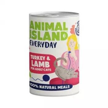 Comida húmeda para gatos Animal Island Everyday Pavo y cordero 400 g — Alimento completo para gatos adultos, proteína 11,1 %, grasa 5,3 %, humedad 78,8 %
