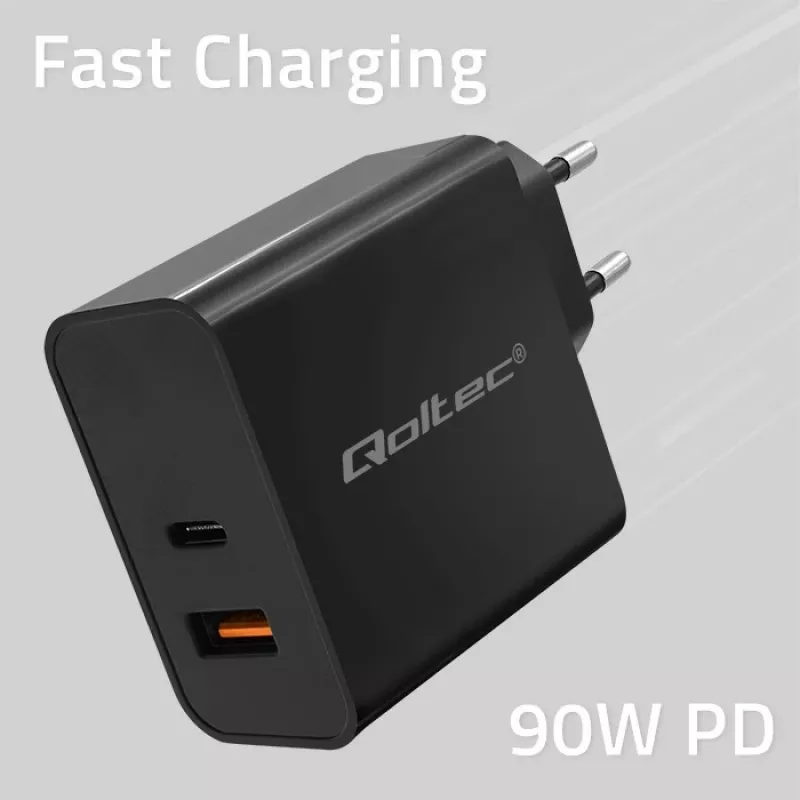 Qoltec 52381 Cargador Super Quick PD | 1xUSB-C | 1xUSB | 90W | 5-20V | 2,4-4,35A | negro