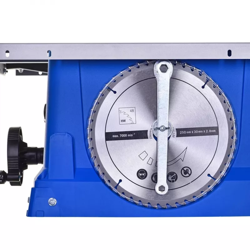 Sierra de mesa Scheppach HS100S Special Edition — 2000 W, hoja de sierra de 250 mm, profundidad de corte 85 mm, inglete 0–45°, soporte plegable