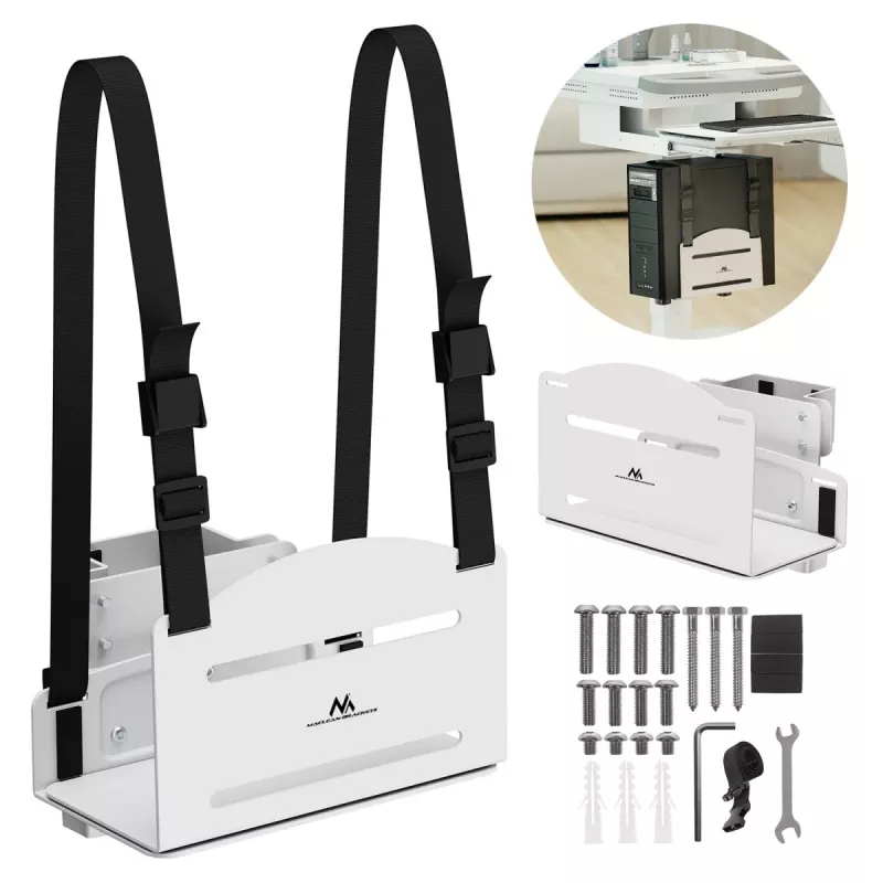 Soporte de CPU MACLEAN MC-116W, diseño ajustable en altura y orientable para montaje bajo escritorio