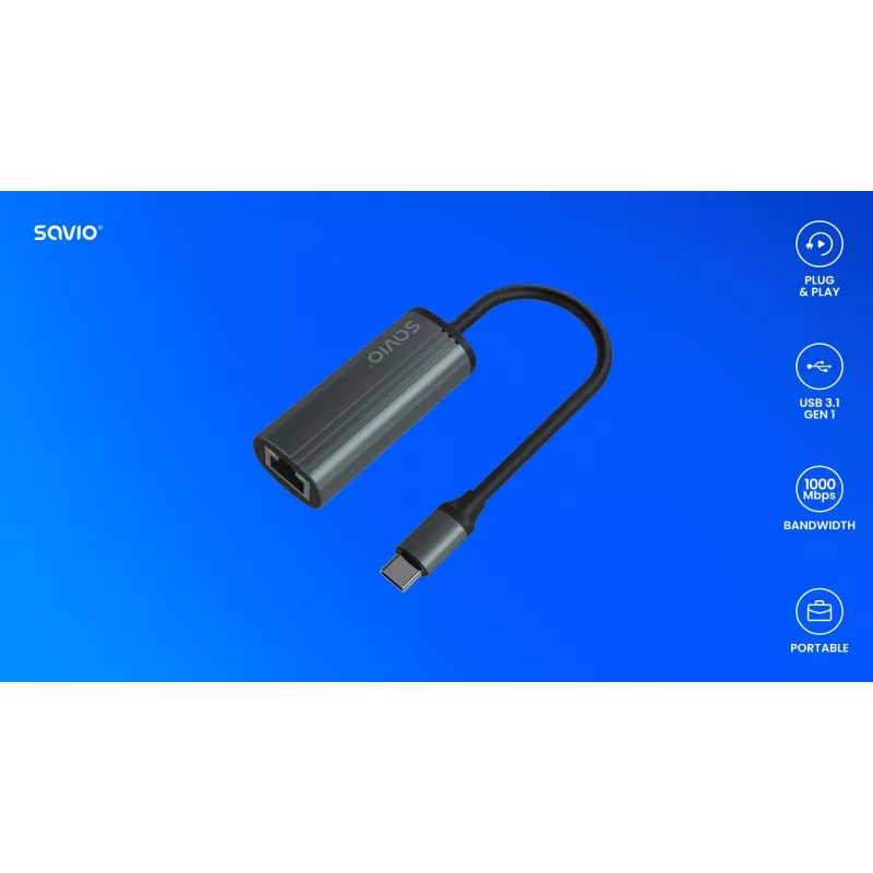 Adaptador SAVIO USB-C 3.1 Gen.1 (M) a RJ-45 Gigabit Ethernet (H), 1000 Mbps, AK-56, gris