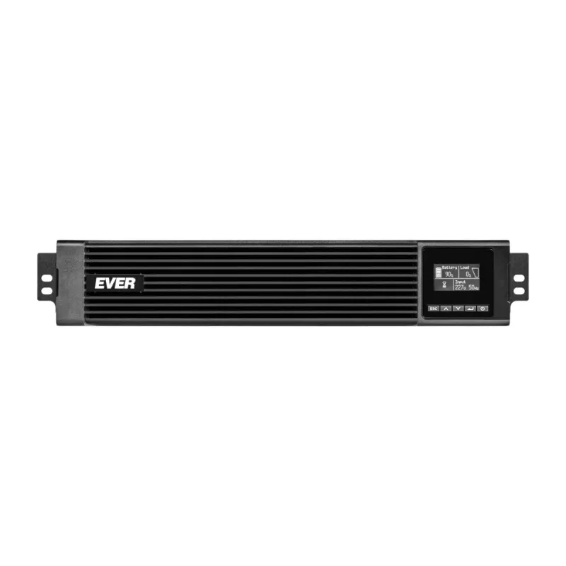 SAI online EVER Powerline RT PRO 3kVA 3kW Rack/Tower, doble conversión, 1-fase, 200–240 V salida, 9× salidas C13, LCD, baterías VRLA