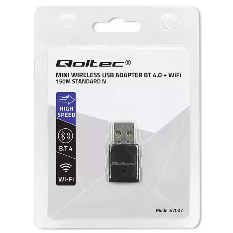 Adaptador USB Wi-Fi mini inalámbrico compacto QOLTEC 57007 – Single-Band 2,4 GHz, hasta 150 Mbit/s, antena interna