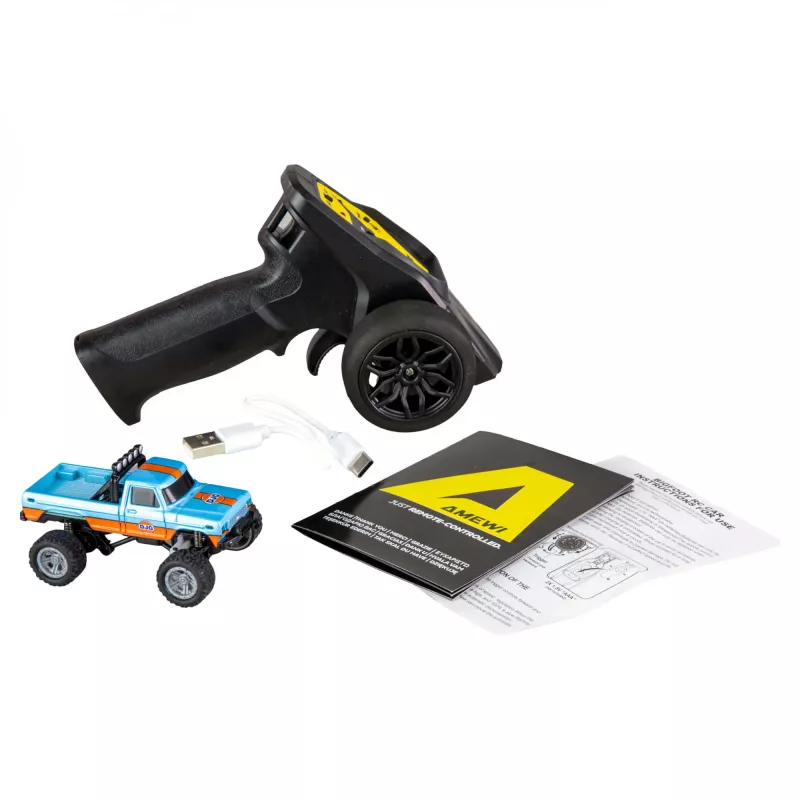 Monster Truck radiocontrolado Amewi DieCast 1:64 RTR, azul/naranja