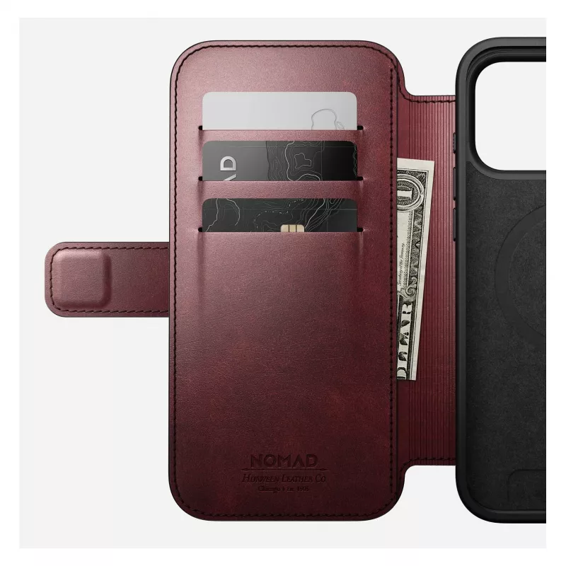 Funda para móvil Nomad Modern Leather Folio para iPhone 17 Pro Max — cuero, TPU, PC, aluminio, burdeos, 16 cm (6,3