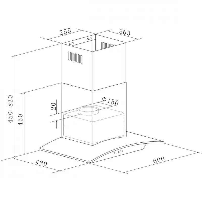 Campana de pared Respekta Nova – acero inoxidable, extracción 307 m³/h, conexión de 150 mm, control por botones