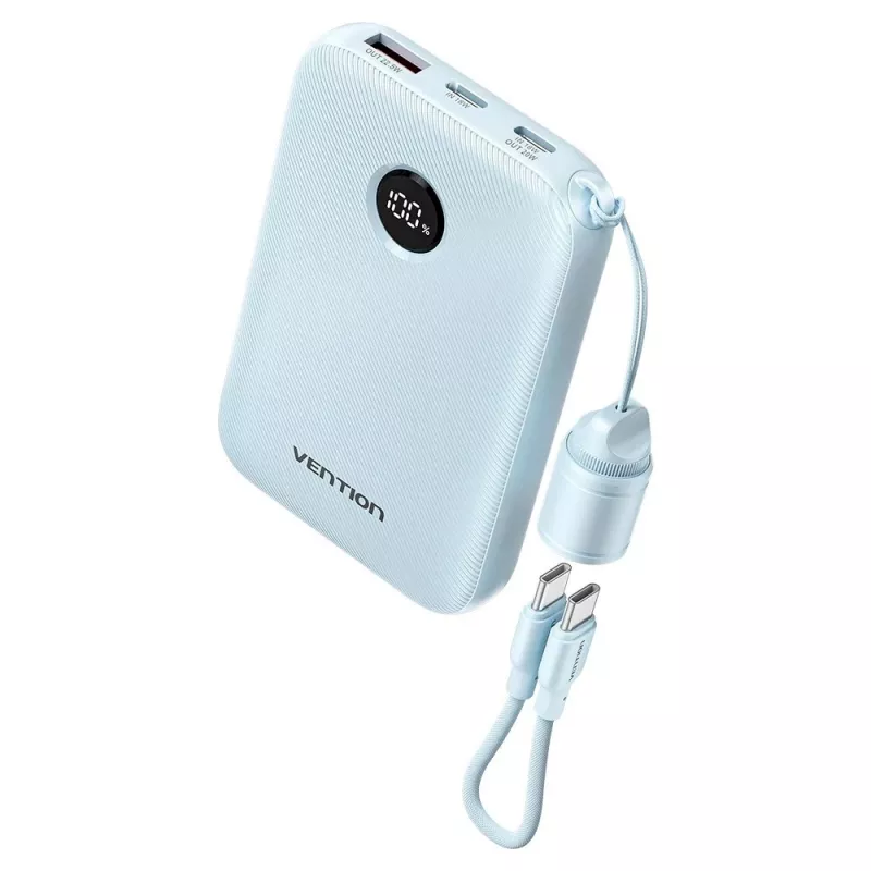 Batería externa Vention 10000mAh 22,5W — 2× USB‑C, 1× USB‑A, azul