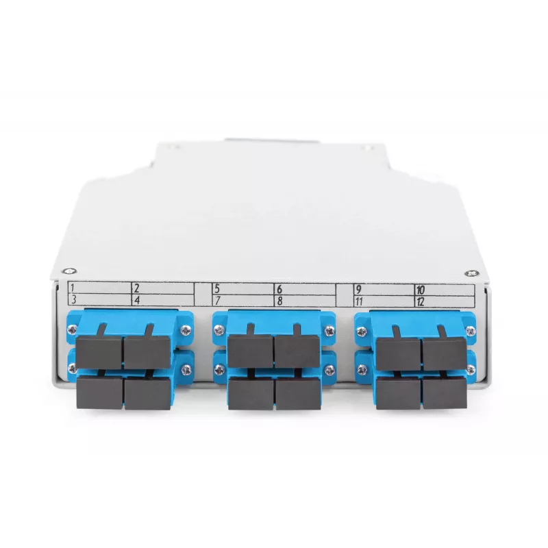 Caja de carril DIN de fibra óptica DIGITUS DN-963890, OS2, adaptador SC con pigtail de 2 m, acero, azul/gris