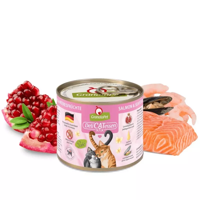 GranataPet DeliCATessen comida húmeda para gatos, salmón y marisco, 200 g