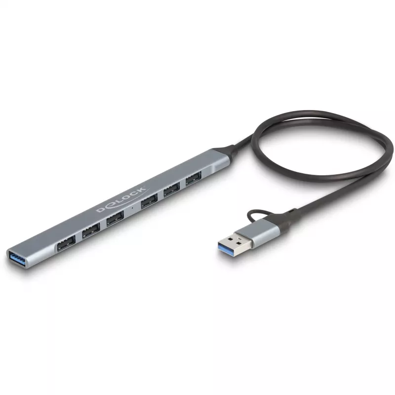 Delock 64273 hub USB delgado de 7 puertos, USB Type-C o Type-A a 1x USB 5 Gbps Type-A + 6x USB 2.0 Type-A