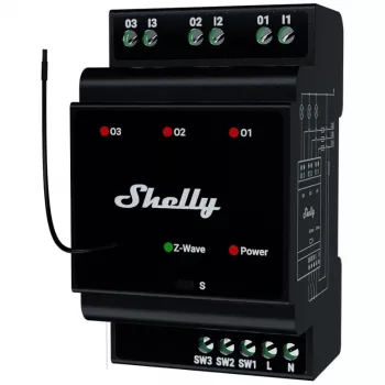 Relé inteligente Shelly Wave PRO 3 — negro, carcasa de plástico, 110–240 V AC, 50–60 Hz, 0,3 W, 53×59×96 mm