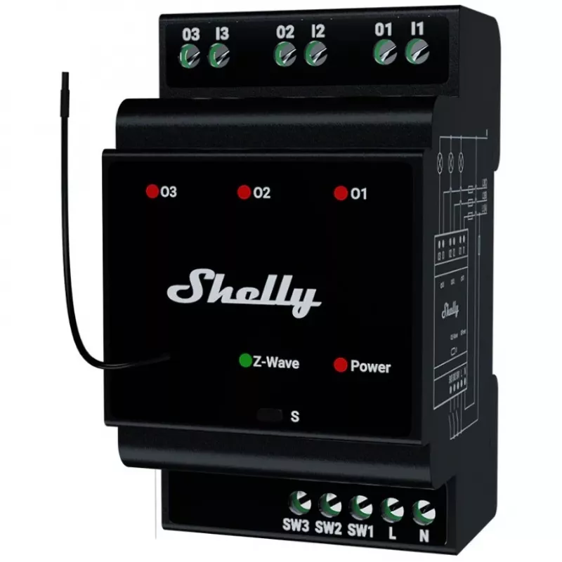 Relé inteligente Shelly Wave PRO 3 — negro, carcasa de plástico, 110–240 V AC, 50–60 Hz, 0,3 W, 53×59×96 mm