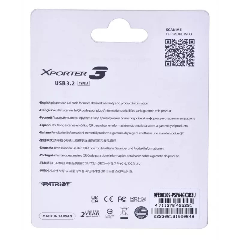 Memoria flash USB PATRIOT Xporter 64 GB USB Type-A 3.2 Gen 1 (deslizante, negro, 80 MB/s)