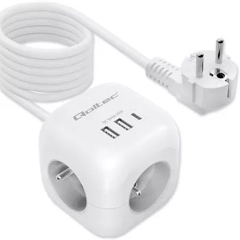 Regleta QOLTEC 52547 Power Cube 3 tomas AC, 2 USB-A, 1 USB-C PD 20W