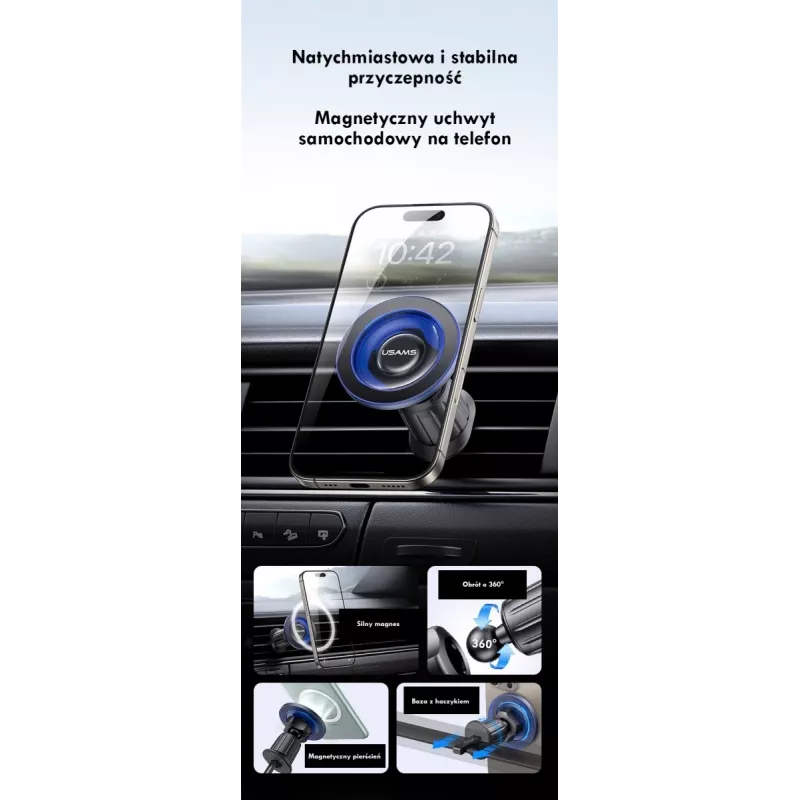Soporte magnético para móvil en el coche usams ZJ081 — soporte magnético para smartphones, diseño compacto, instalación sencilla