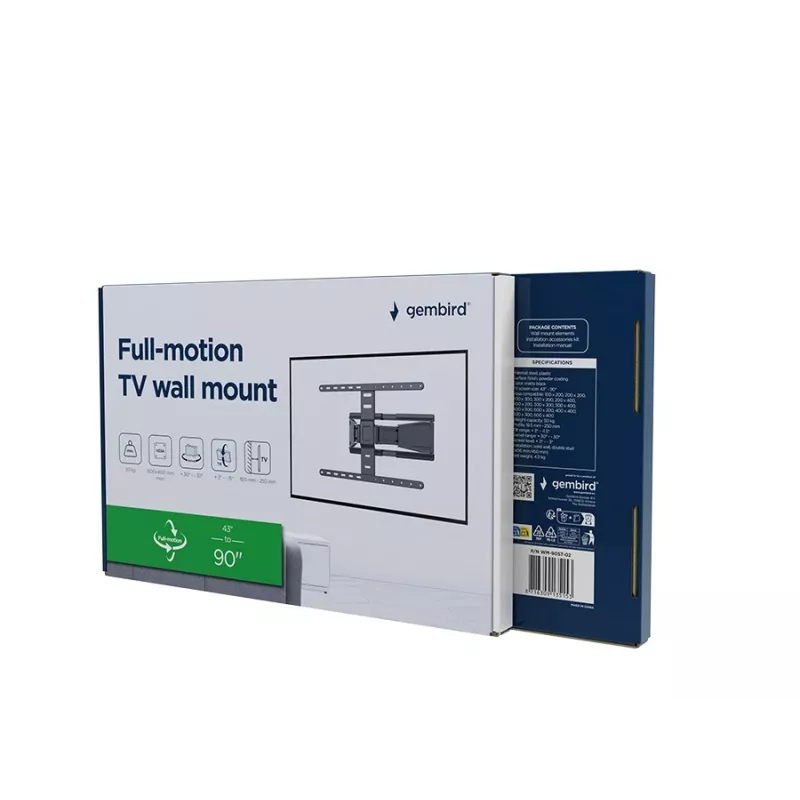 Soporte de pared para TV totalmente articulado GEMBIRD WM-90ST-02 para pantallas de 43–90 pulgadas, soporte articulado, VESA 100x200–600x400, capacidad de carga 50 kg