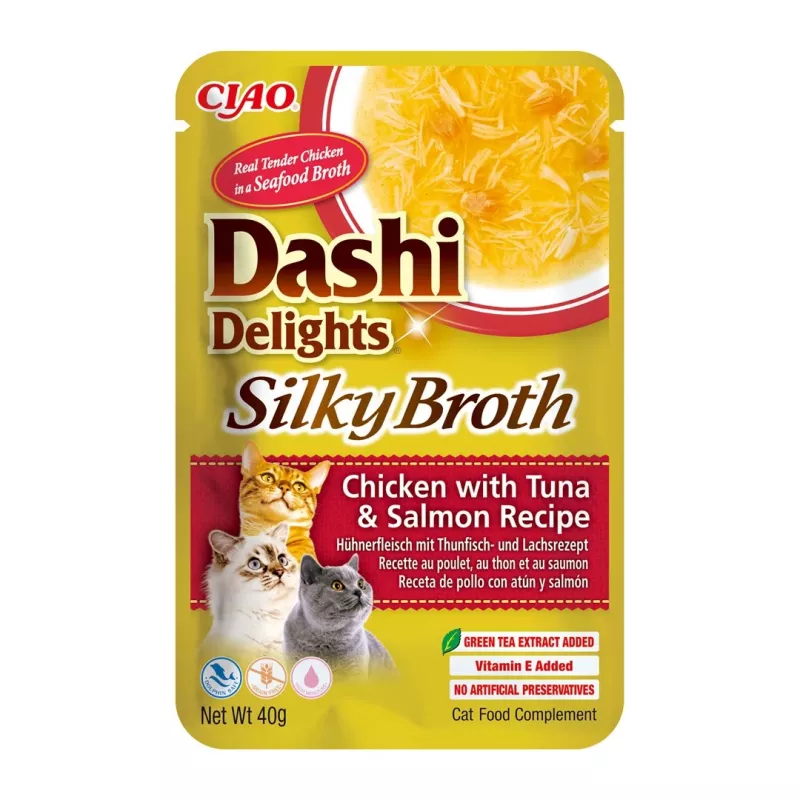 Snack de alimento húmedo para gatos INABA Dashi Delights Silky Broth – pollo con atún y salmón, sobre de 40 g, 93 % de humedad, apoyo digestivo dietético