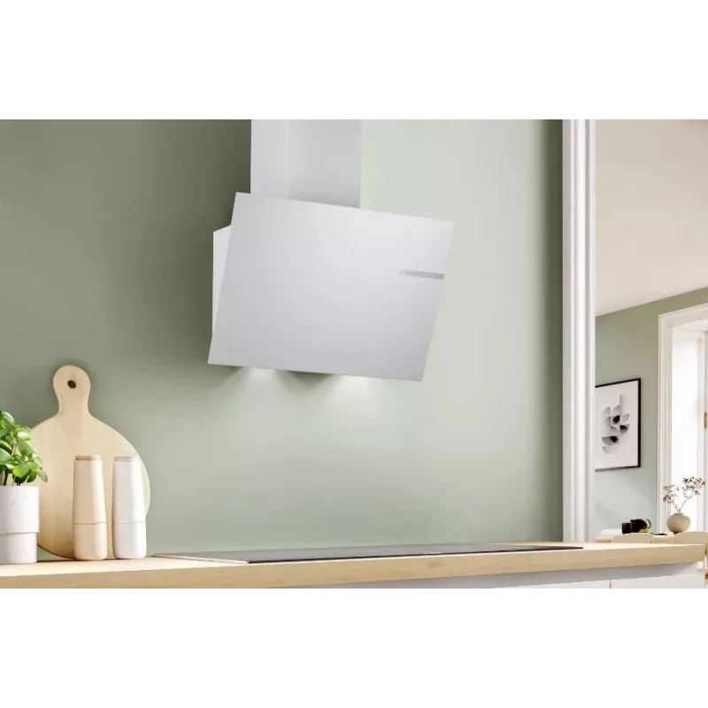 Campana extractora de pared Bosch DWK65DK20, 590×325×690 mm, 550 m³/h, 3 velocidades, 62 dB, blanca, filtro de grasa de aluminio