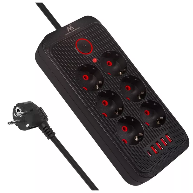 Regleta de enchufes MACLEAN MCE391 B – 6 enchufes, 4×USB-A + 1×USB-C, 110–240V, 2500W, 3 m cable, negro