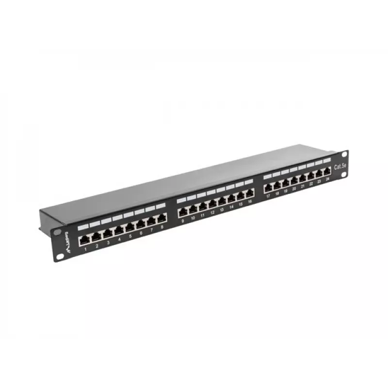Patch panel 1U LANBERG PPS5-1024-B — 24 puertos RJ-45 Cat5, metal, negro, montaje en rack