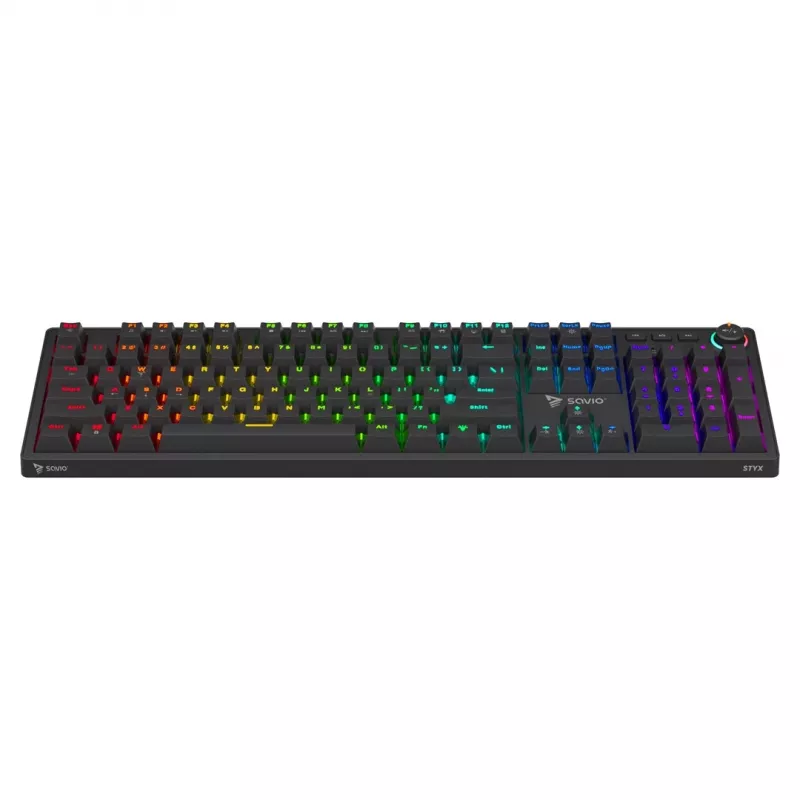 SAVIO STYX teclado mecánico gaming, Outemu Blue, Hot-Swap, RGB, USB, distribución US, tamaño completo, negro