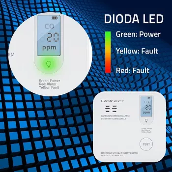 Sensor de monóxido de carbono QOLTEC 52577 — alarma a pilas, nivel sonoro 85 dB