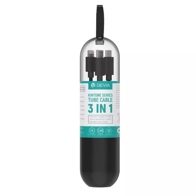 Cable de carga y datos USB 3 en 1 Devia Kintone Series — Lightning, Micro-USB, USB-C, 1,2 m, negro
