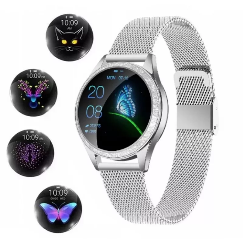 Smartwatch ORO-MED ORO-SMART CRYSTAL SILVER — caja redonda de metal, LCD 240 × 198, pantalla de 1,04 pulgadas, Bluetooth 4.0, sumergible, batería de 120 mAh