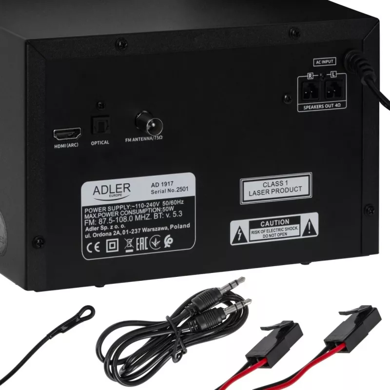 Minicadena estéreo Hi‑Fi Adler AD 1917 — Bluetooth V5.3, CD/USB/MP3, 2×25 W RMS, sintonizador FM, ecualizador de 4 bandas, AUX, negro