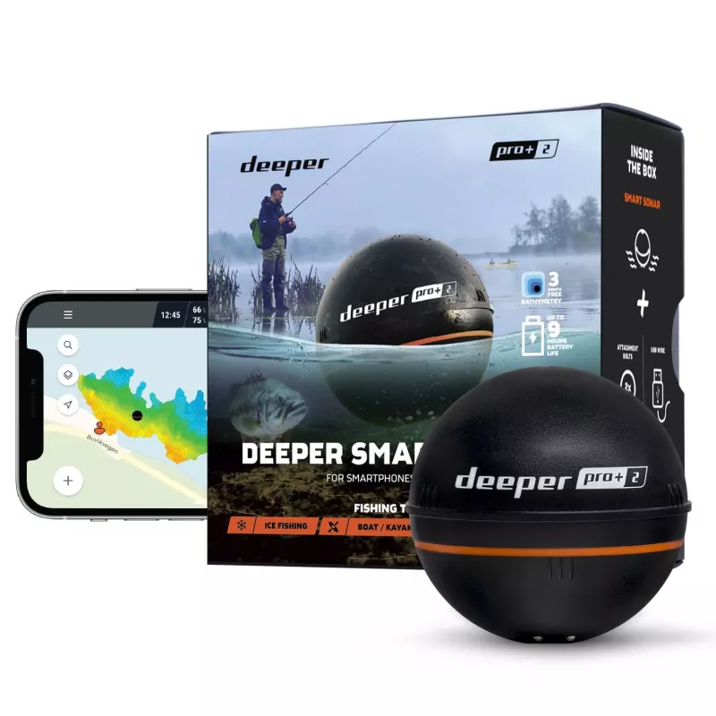 Deeper Smart Sonar PRO+ 2 sonda de pesca lanzable, 100/240/675 kHz, profundidad 100 m, Wi-Fi, GPS, hasta 9 h, negra