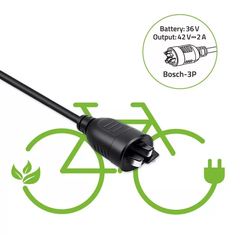 Cargador para e-bike 36V/42V 2A con conector macho Bosch de 3 pines QOLTEC