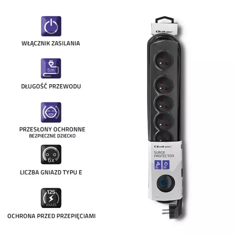 Protector de sobretensión Qoltec 50172 negro 6 tomas de CA 230V 5 m