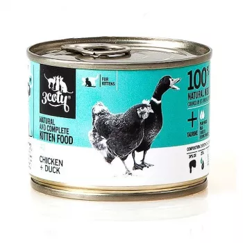 Comida húmeda para gatos 3coty Pollo y pato para gatitos 180 g — alimento completo, proteína 20%, grasa 9%, humedad 69,2%