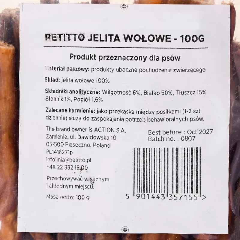 Masticables para perros PETITTO intestino de ternera 100 g — masticable natural monocomponente para perros