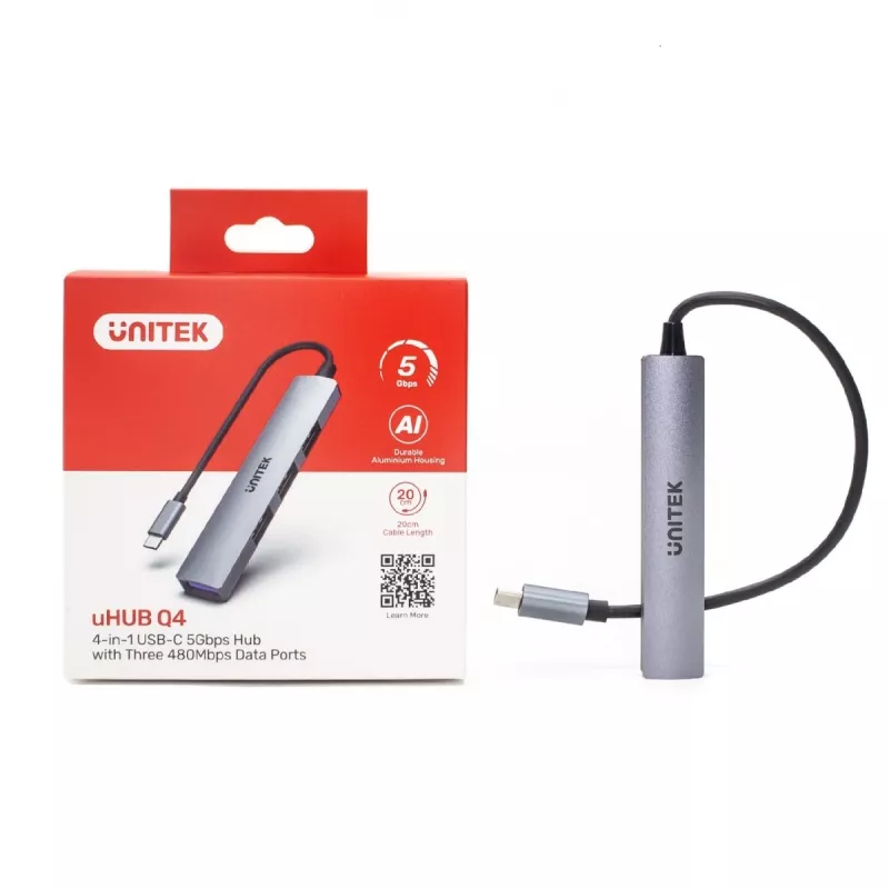 Hub USB-C Unitek H1208B — 1x USB-A 5 Gbit/s, 3x USB-A 2.0, host USB-C, carcasa de aluminio, cable de 0,20 m