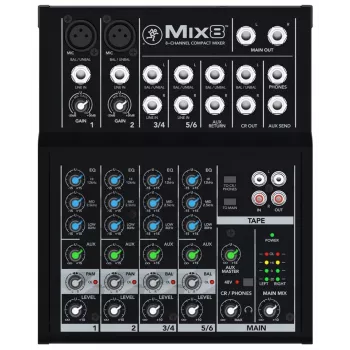 Mezclador Mackie Mix8 — Mezclador analógico compacto de 8 canales, 20–30000 Hz, impedancia de entrada de micrófono 3800 Ω, 198×244×53 mm