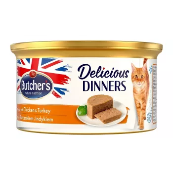 Comida húmeda para gatos mousse butcher's BUTCHER'S Delicious Dinners con pollo y pavo, 85 g, sin cereales, sin gluten