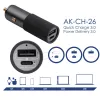 Akyga AK-CH-26 Cargador GaN para coche 12/24 V, 100 W, USB-C PD 3.0 + USB-A QC 3.0, gris