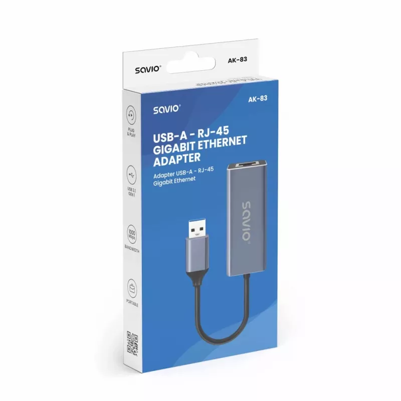 Adaptador de interfaz de red SAVIO AK-83 USB Type-A a RJ-45 macho, 5 Gbit/s, negro