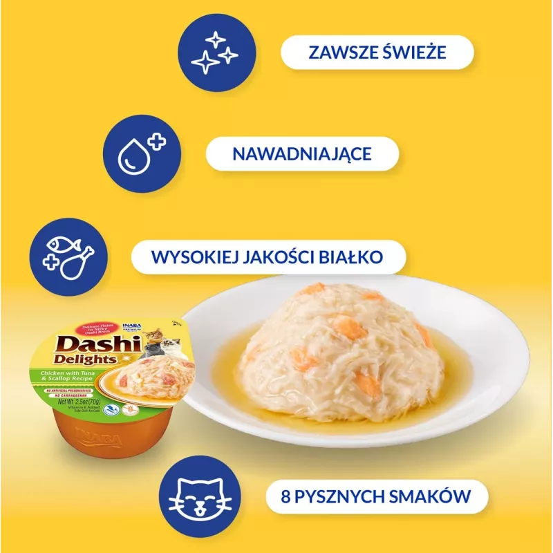 Snack para gatos INABA Dashi Delights pollo, atún y caldo de vieira 70 g – snack húmedo para gatos, 88 % de humedad, 11 % de proteína