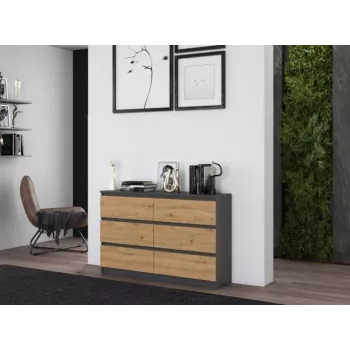 Cómoda top e shop M6 120 — antracita/roble, 6 cajones, 1200×300×770 mm, tablero de partículas