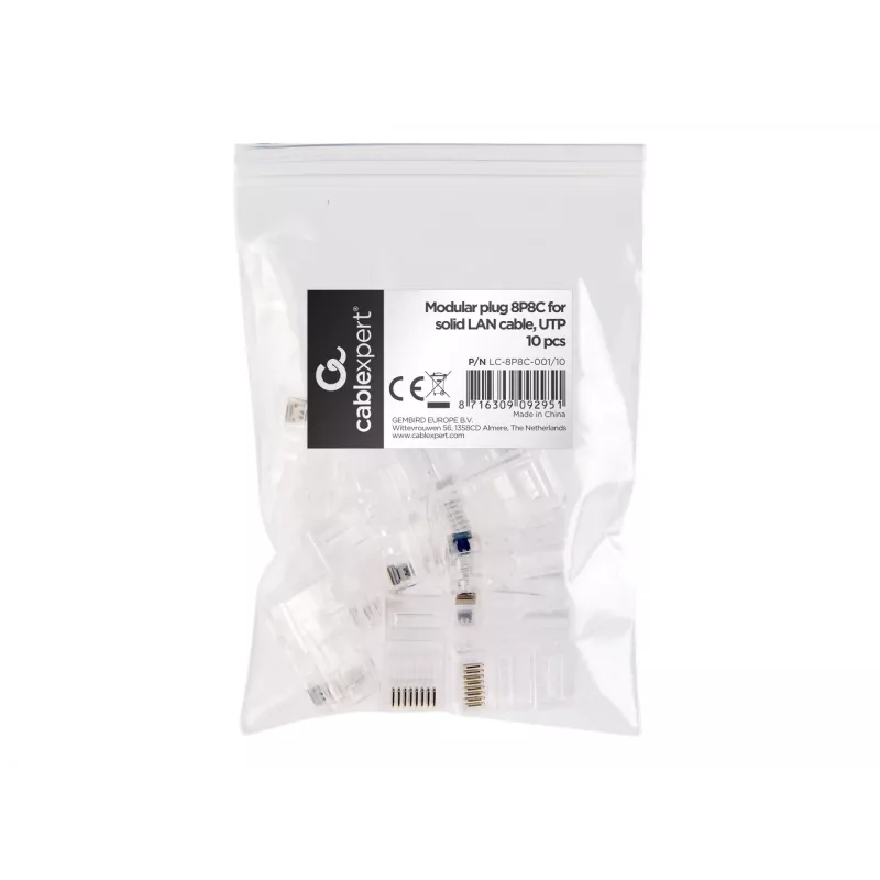 Conector modular 8P8C para cables LAN fijos CAT5, UTP, 10 uds. por bolsa | Conector modular 8P8C RJ45, baño de oro 30µ”, contactos internos de 3 puntas para cables LAN fijos