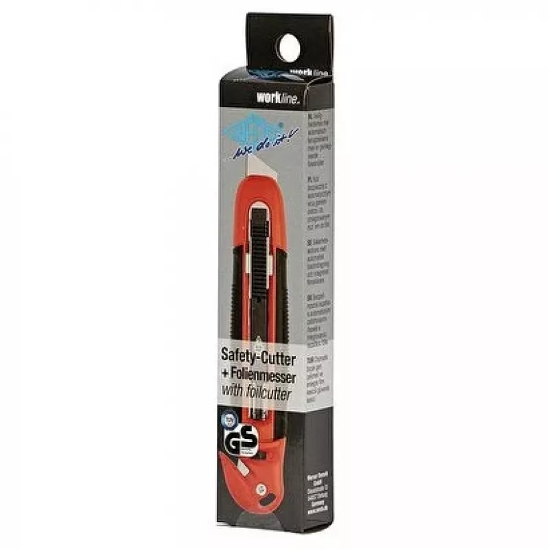 WEDO 78805 cúter de seguridad Standard, hoja trapezoidal, retracción automática de la hoja, bloqueo de seguridad, incl. cortador de láminas, negro/rojo
