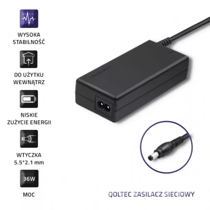 Qoltec 50769 fuente de alimentación de sobremesa 36 W, 12 V, 3 A, 5,5 x 2,1 mm, con cable de alimentación