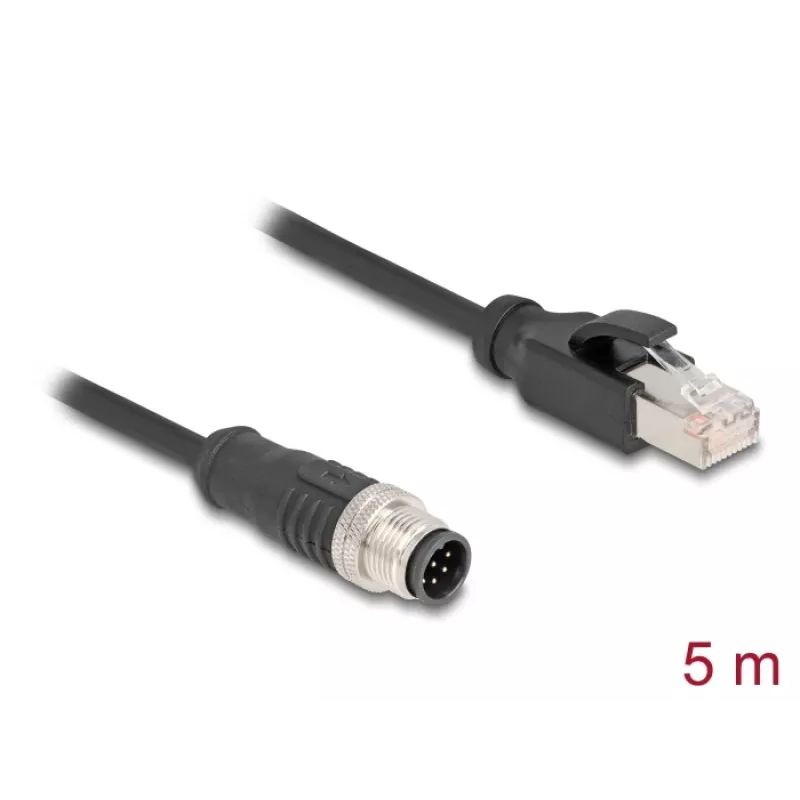 Cable de red DeLOCK M12 cable codificado A 8 pines conector macho a RJ45 conector macho Cat5e 5 m negro