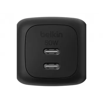 Cargador rápido AC de interior Belkin WCH019kqBK — 2× USB‑C, negro, protección OVP/OC/OT/SC