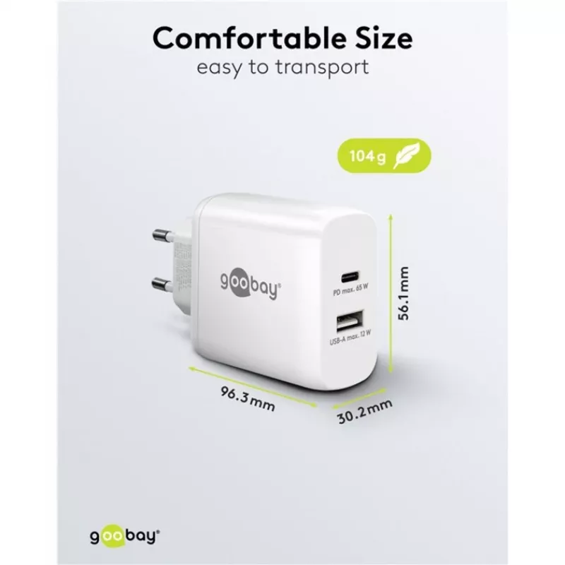 Cargador rápido dual USB-C, PD, GaN, 65 vatios (blanco, 1x USB-C, 1x USB-A, Power Delivery)